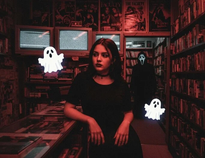 Create a horror image of ghostface behind a woman for pranks and entertainment