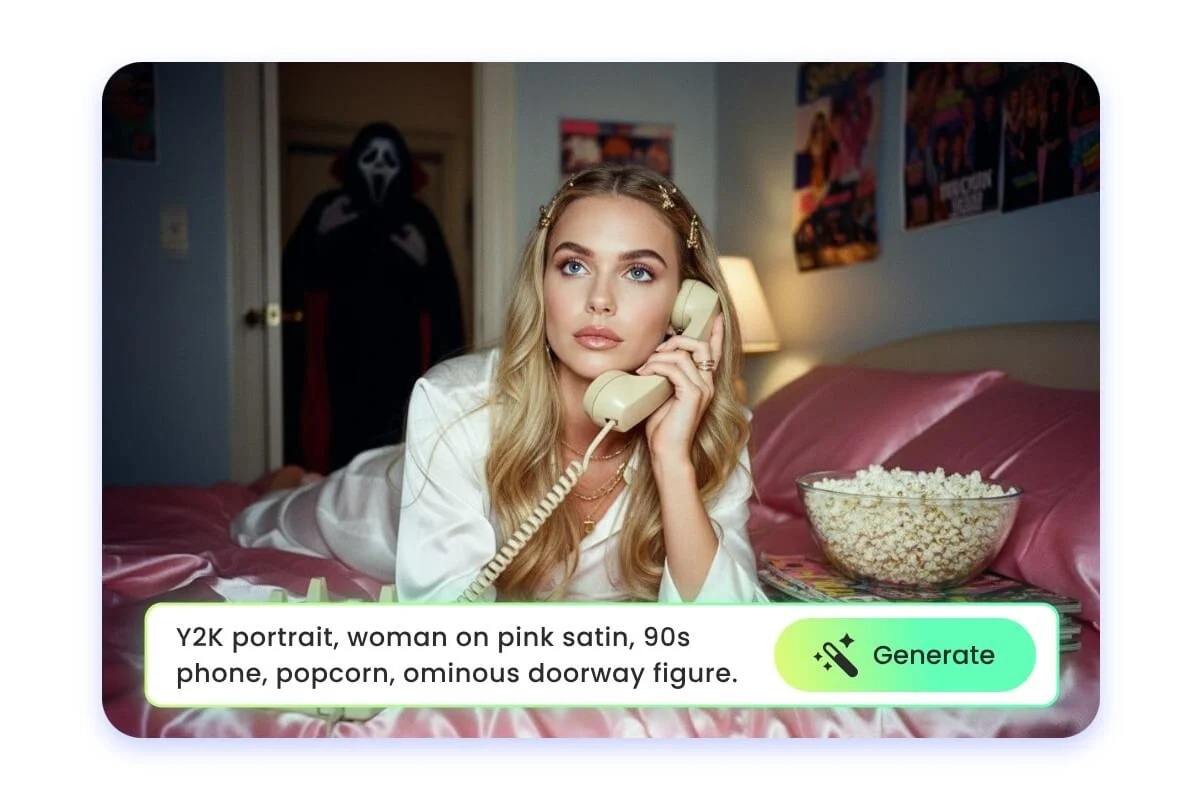 Enter a text description to generate a horror ai image of ghostface behind a woman