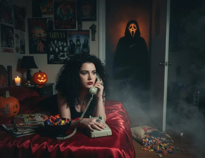 Generate a halloween image of ghostface behind a woman