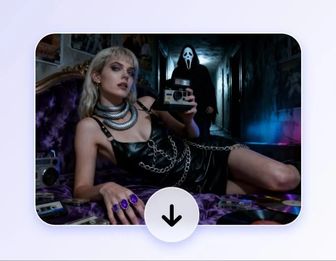 Generate an ai image of a woman holding a camera with ghostface behind her