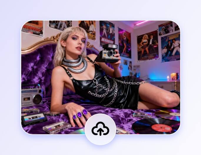 Upload a y2k style photo of a woman holding a camera