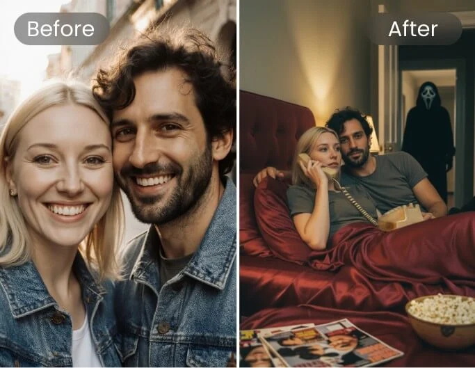 Use a couple photo to generate an ai image with the ghostface killer behind them