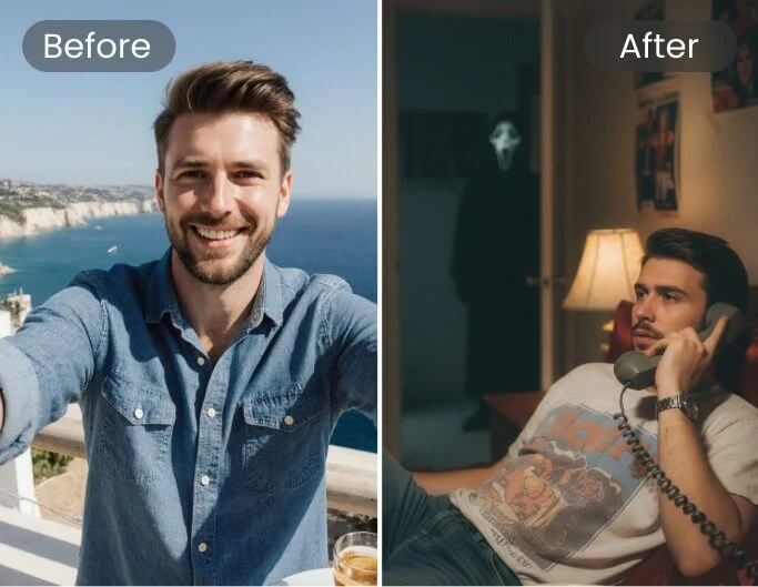 Use a man photo to generate an ai image with the ghostface killer behind him