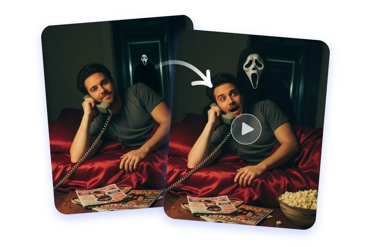 Use a photo of a man making a phone call to generate a horror video with ghostface behind him