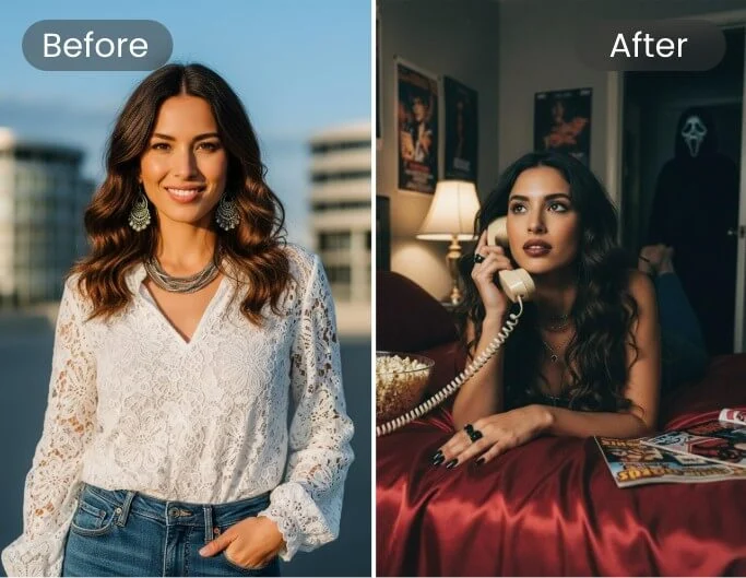 Use a woman photo to generate an ai image with the ghostface killer behind her